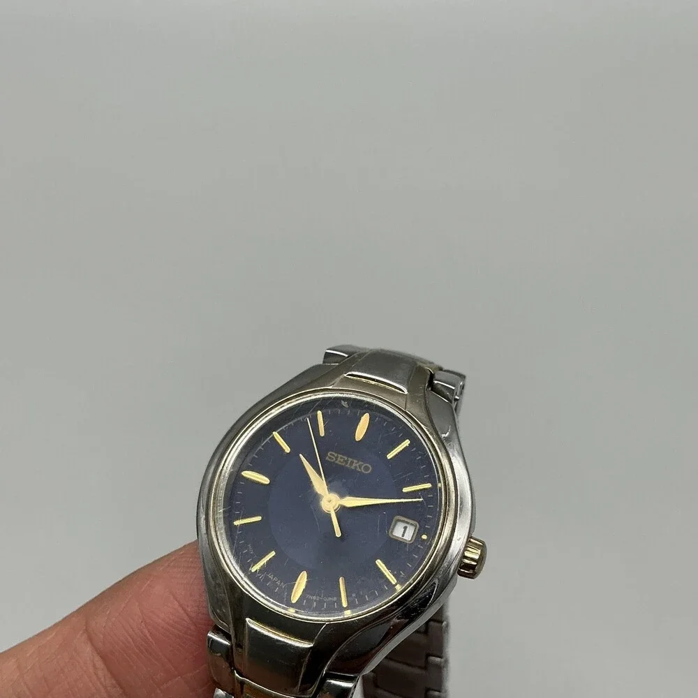Seiko Womens Watch 25mm Blue Dial Two Tone Date 7N82-0DR0 New Battery 5.75